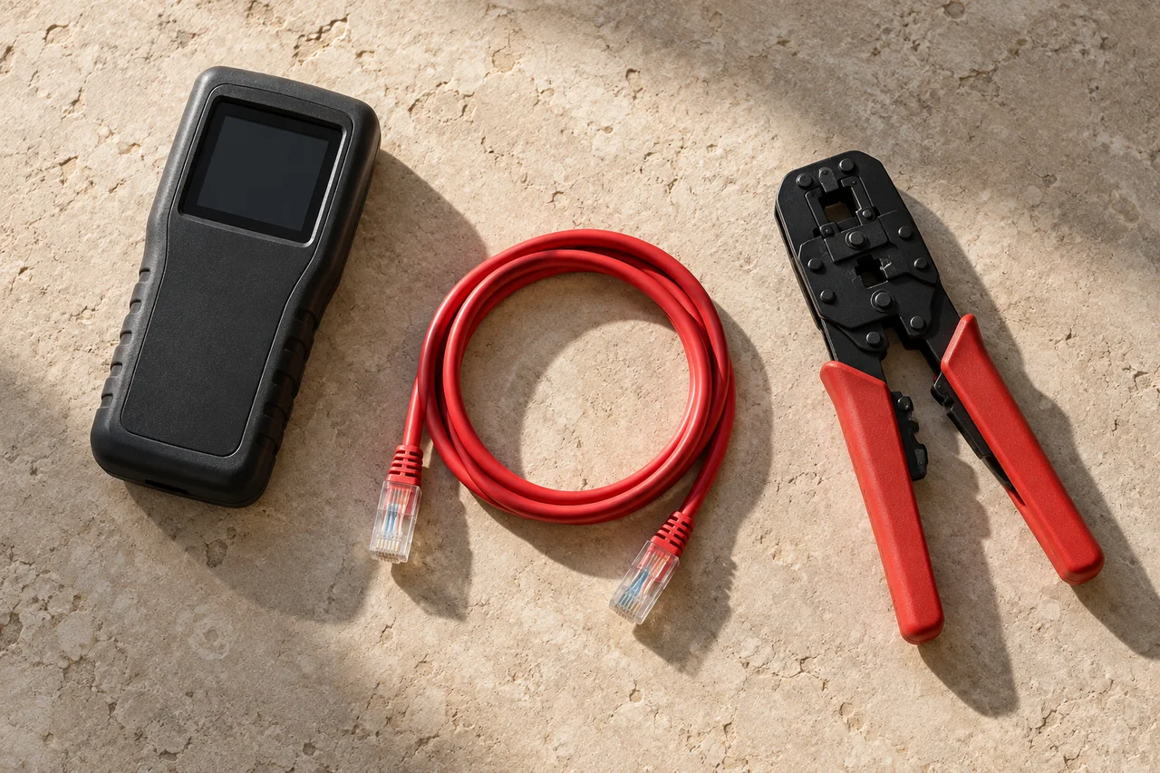 Cable tester, crimping tool and red network lead arranged on a stone work surface