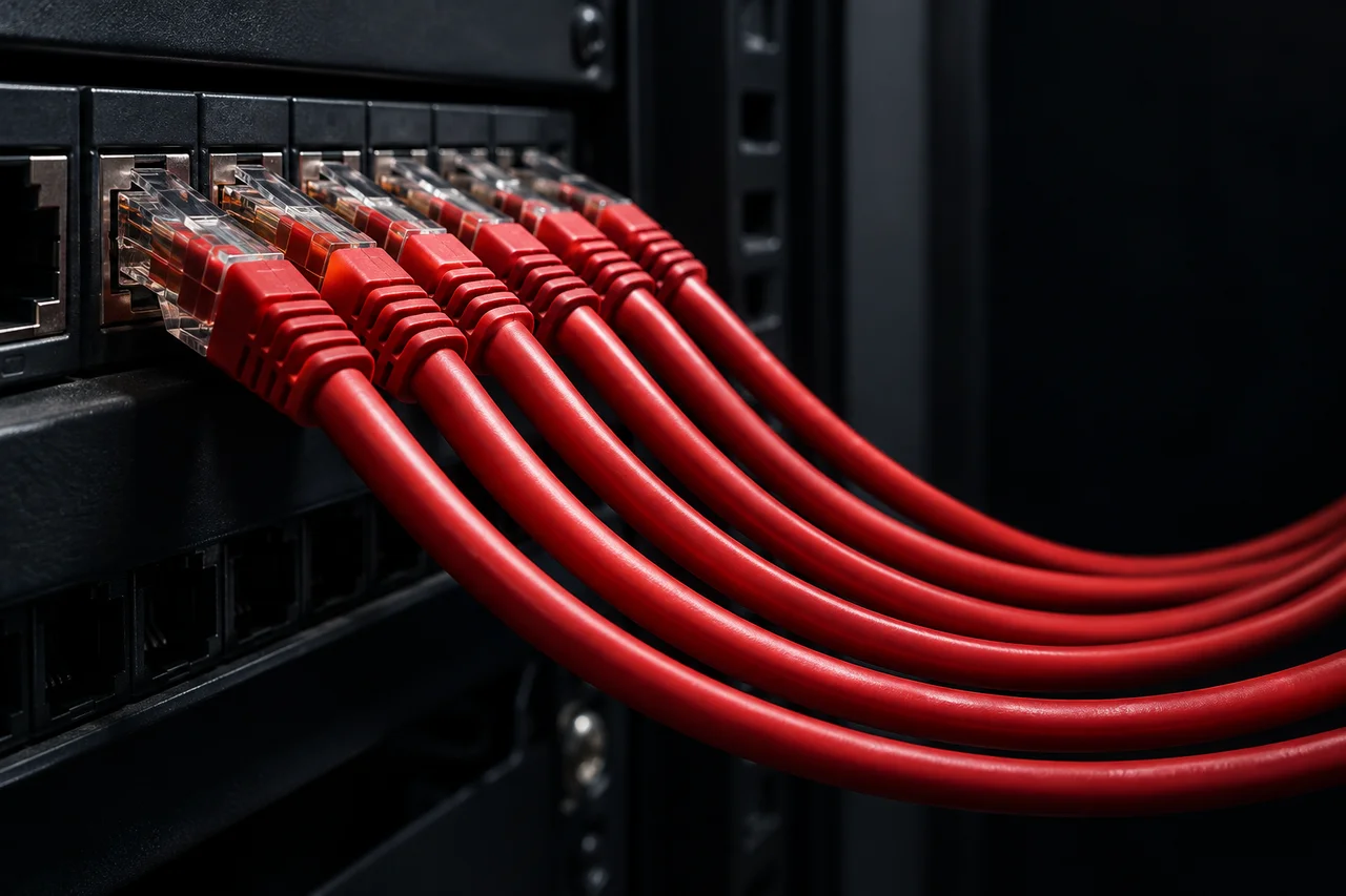Editorial close-up of red patch leads connected to network equipment